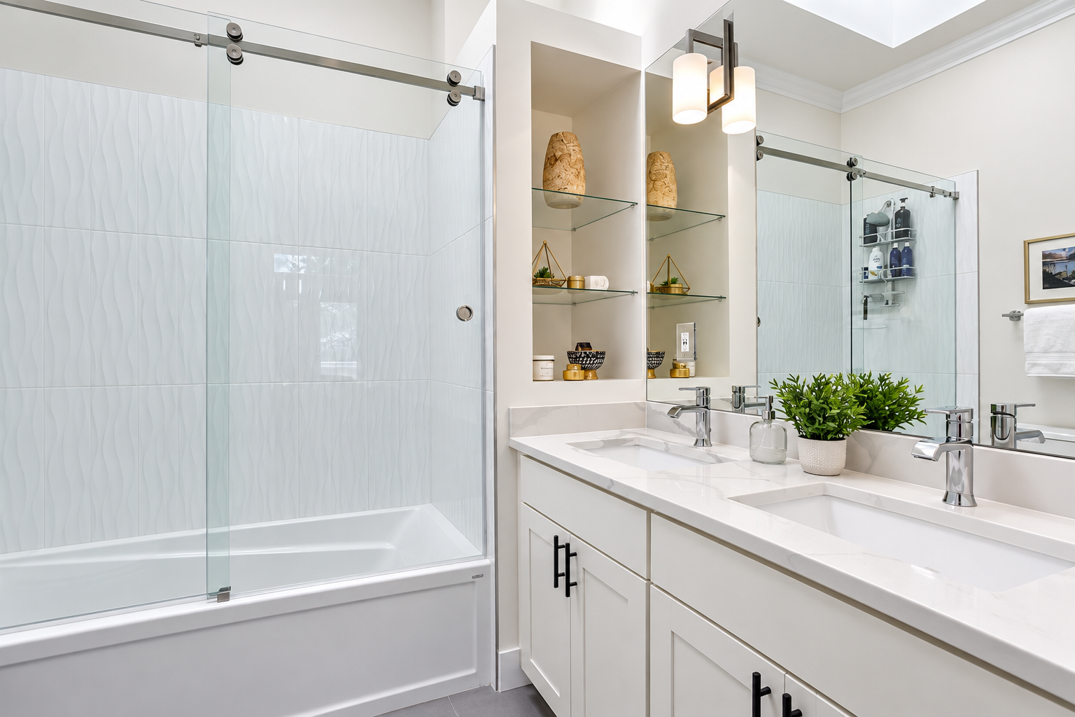 Remodeled bathroom with sliding glass tub enclosure, white double vanity and glass display shelves