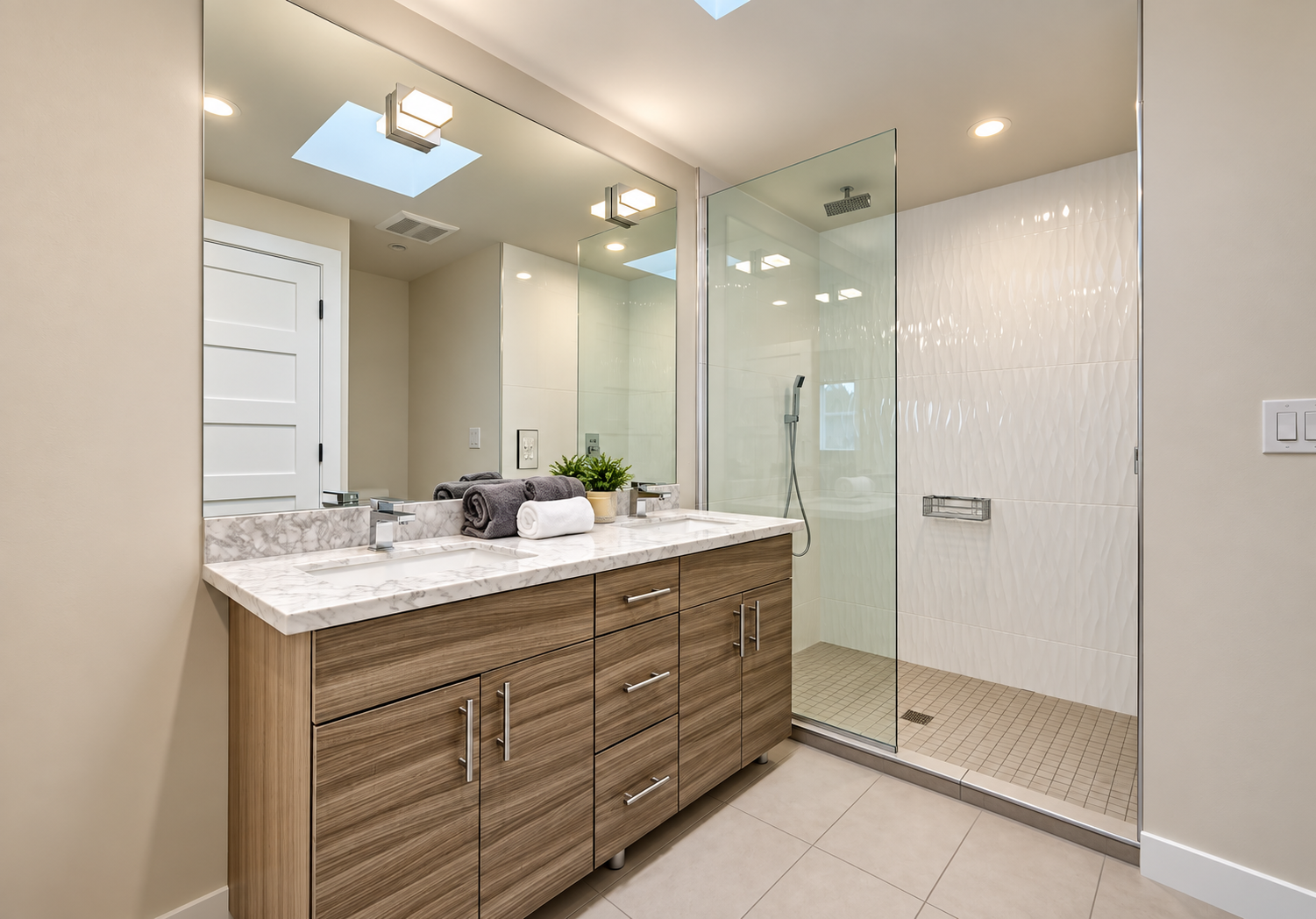Remodeled bathroom with wood double vanity, marble countertop, glass walk-in shower and skylight