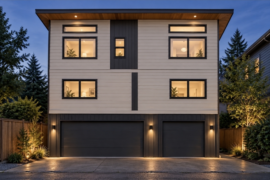 Newly built modern two-story home at dusk with dark garage doors and warm lighting