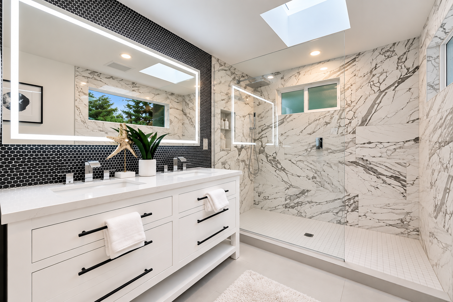 Remodeled bathroom with white double vanity, black hexagon tile accent wall and marble walk-in shower