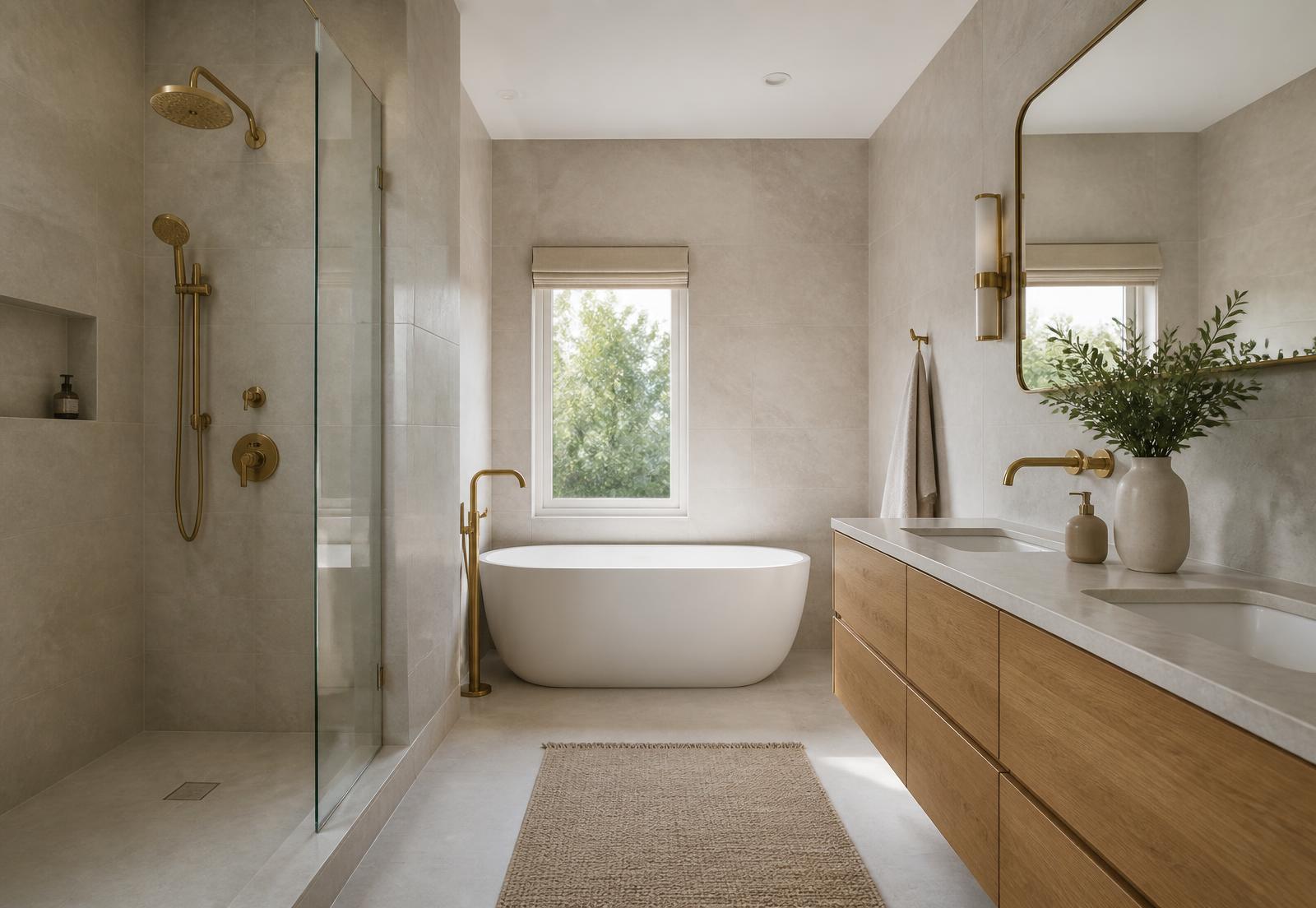 Remodeled bathroom with walk-in tile shower and oak vanity