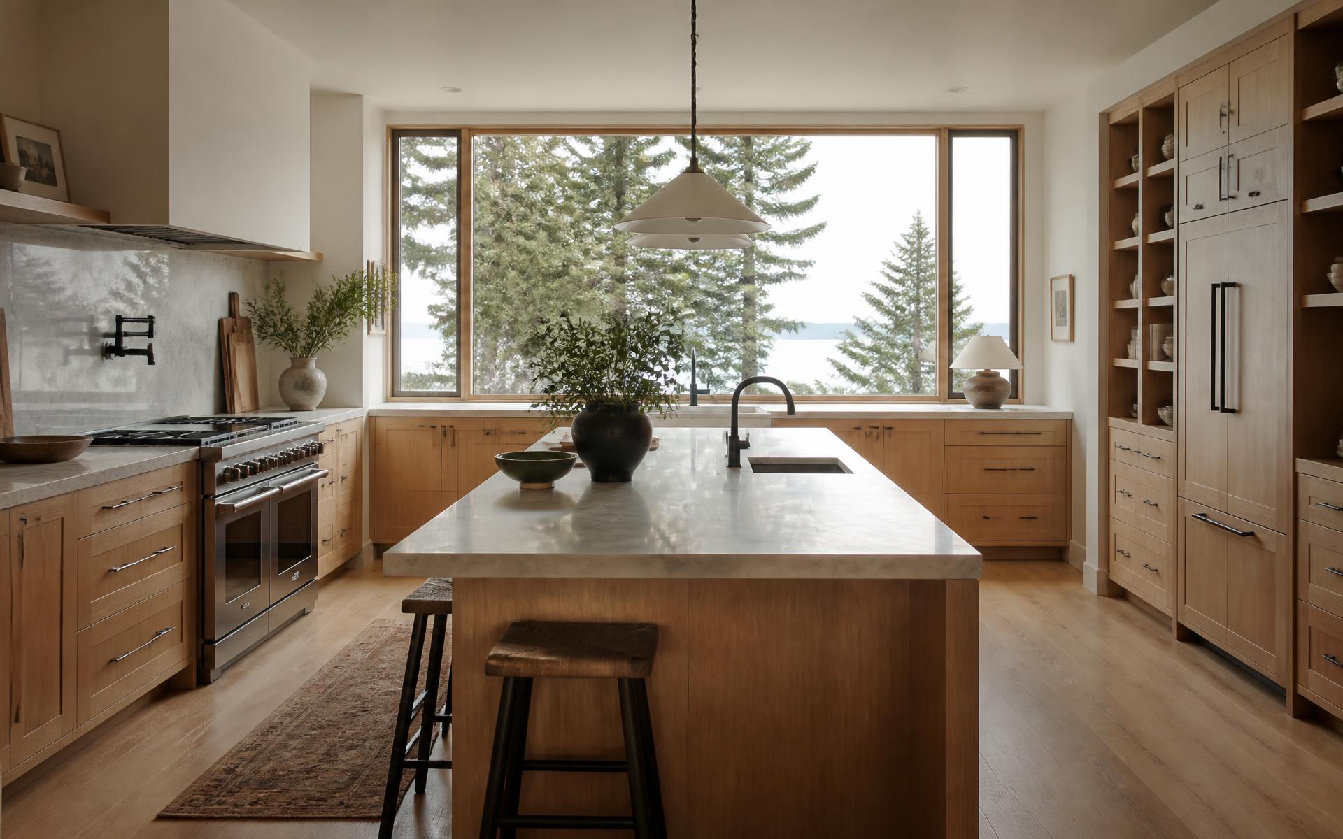 Remodeled Pacific Northwest kitchen with white oak cabinetry and a stone island