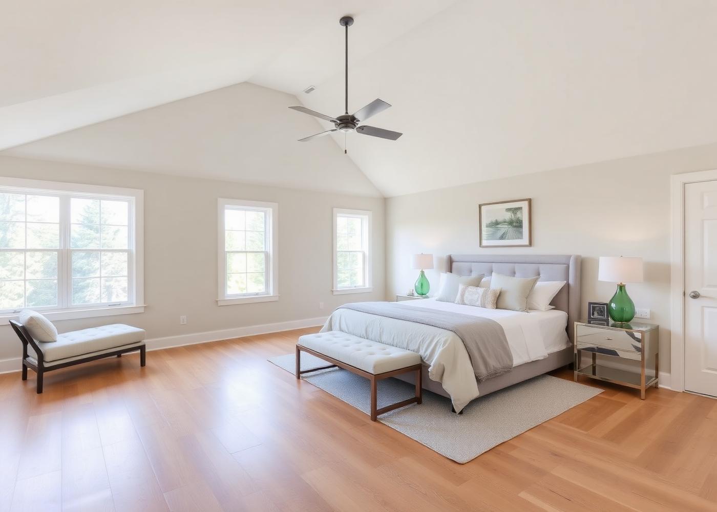 Renovated bedroom interior with wood flooring