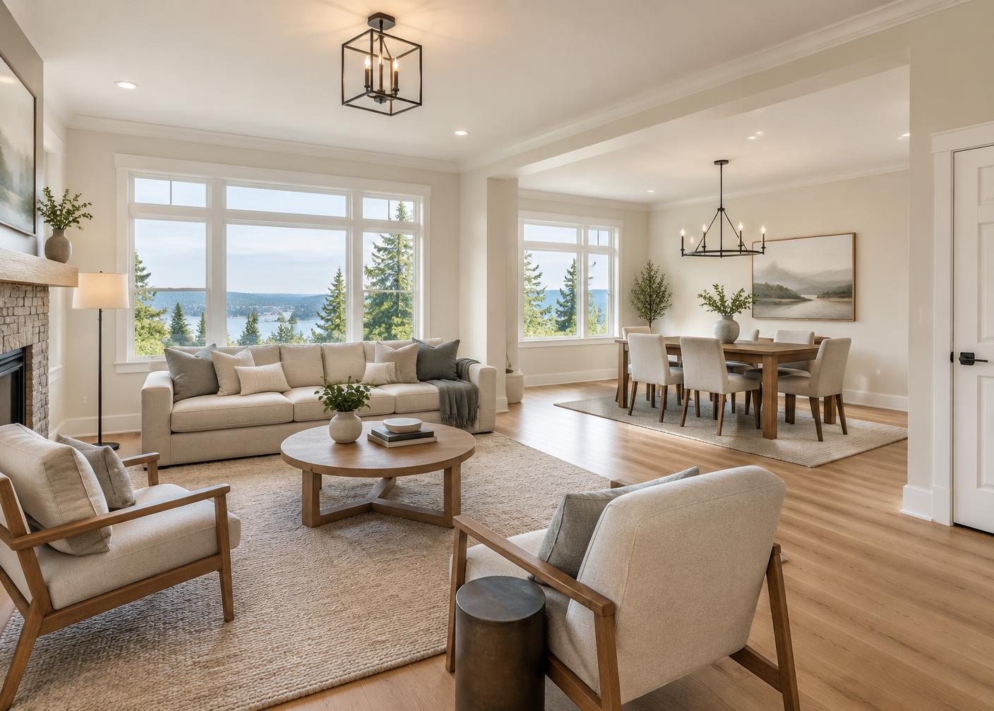 Bright renovated open living and dining space with oak floors and ivory walls
