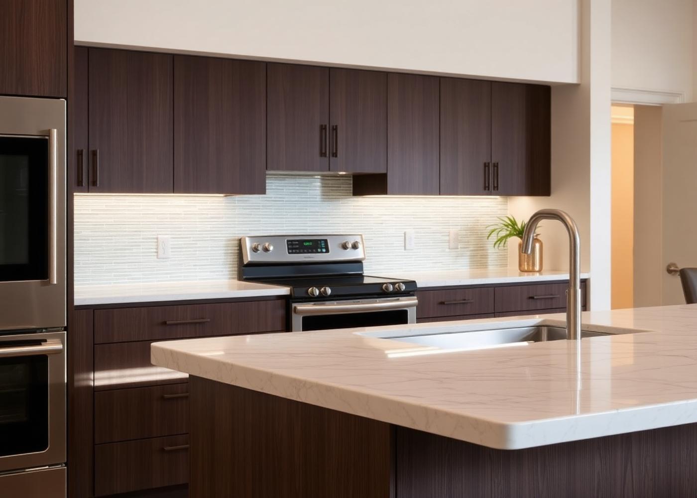 Remodeled kitchen with quartz countertop and tile backsplash